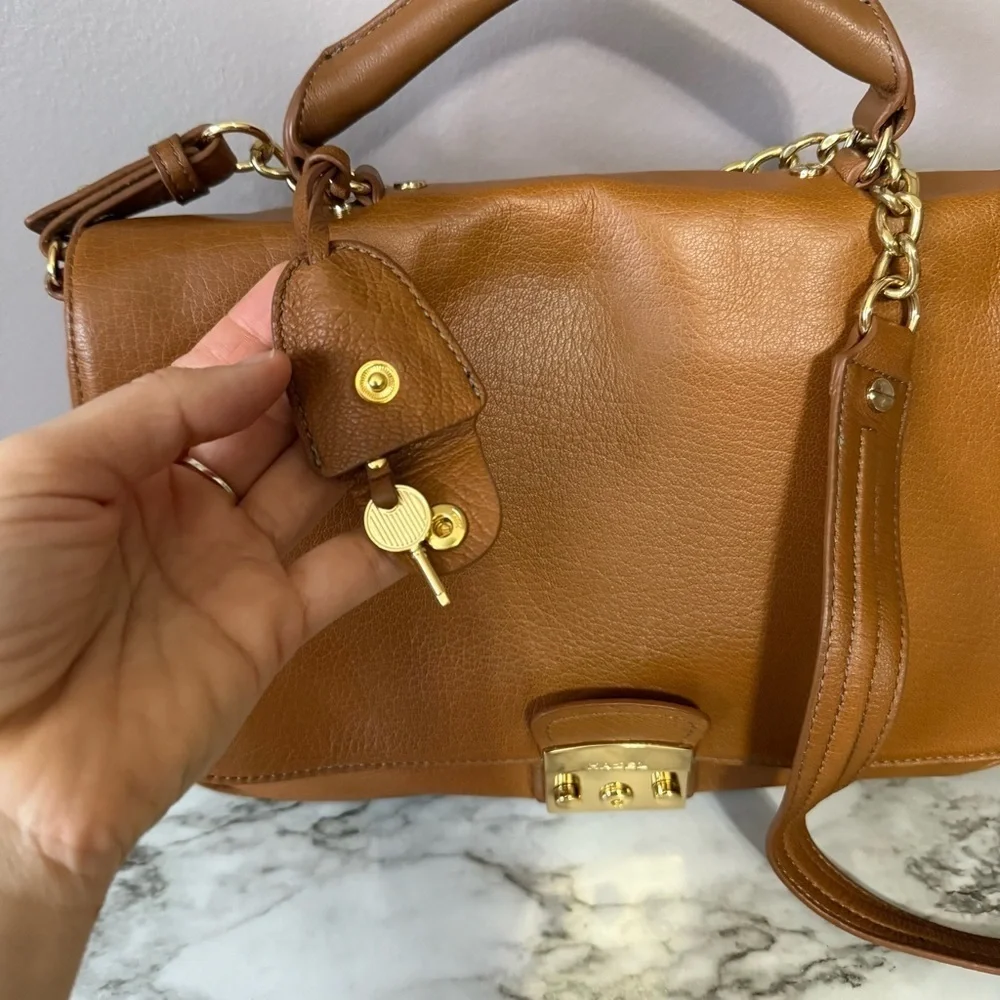 Hazel Leather Top Handle Lock Satchel Crossbody Bag with Gold Hardware